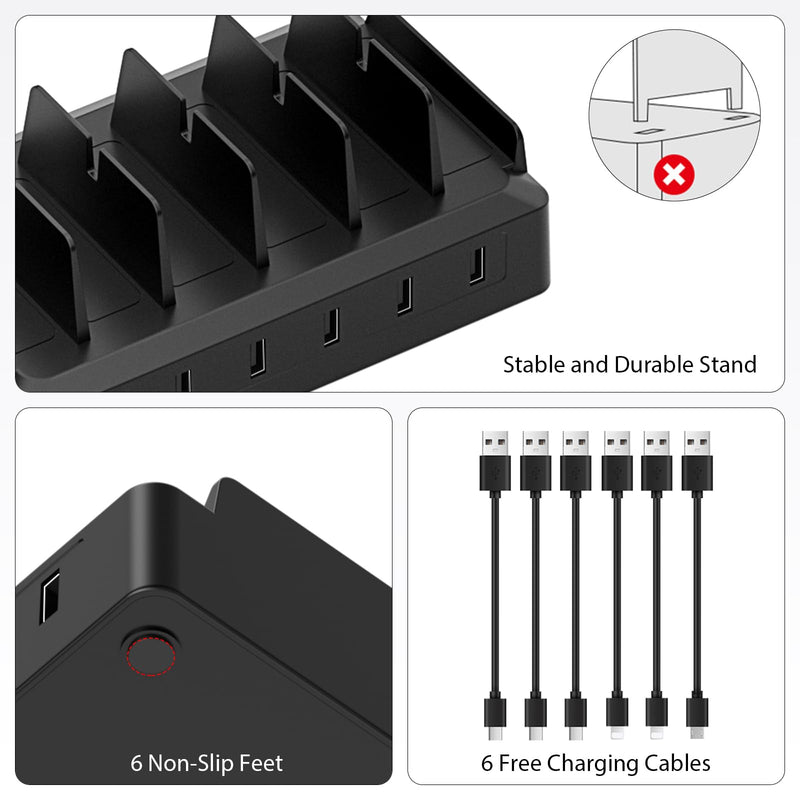 Charging Station for Multiple Devices, 6 Port USB Desktop Charger Dock Compatible with iPad, Samsung, Android, Tablet, Family Multi Phone Charging Organizer with Divider Holders, Fireproof ABS (Black) Black
