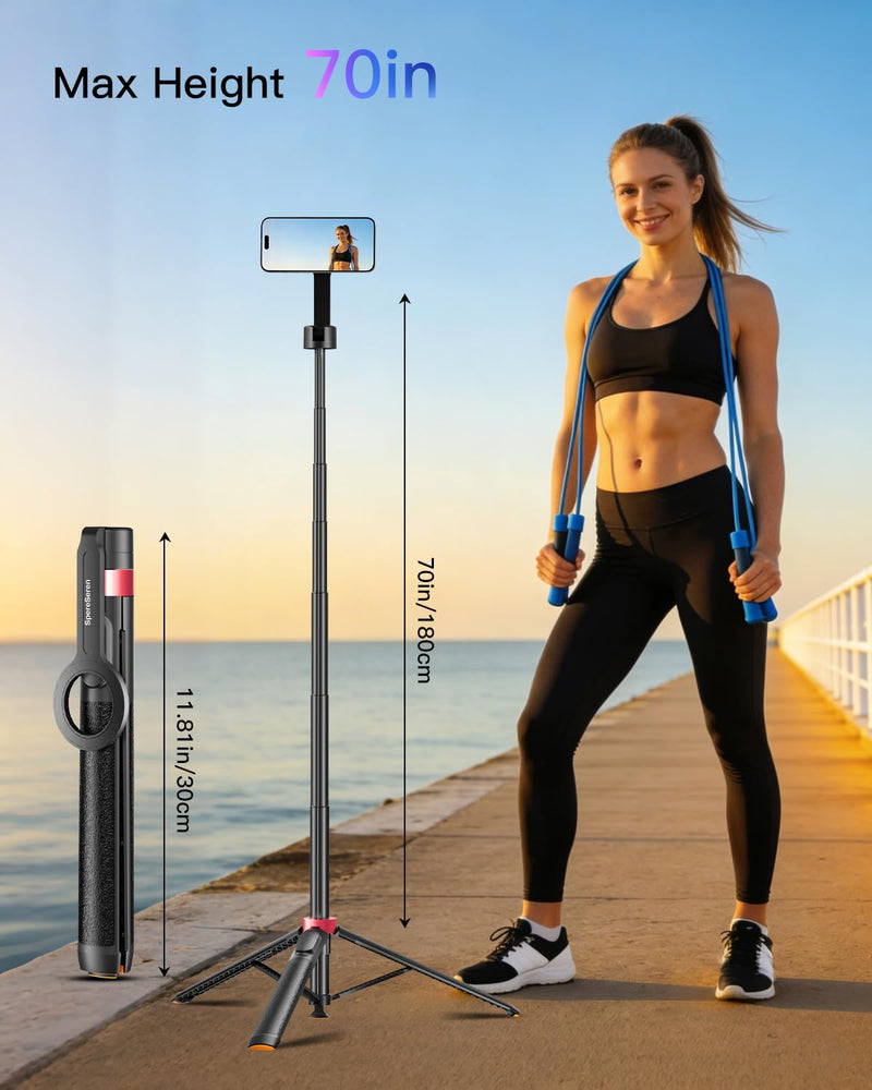Magnetic Phone Tripod for iPhone, 70" 1s Open Selfie Stick with Remote | MagSafe compatible phone stand for iPhone & Android, portable for selfies, recording and live streaming Black