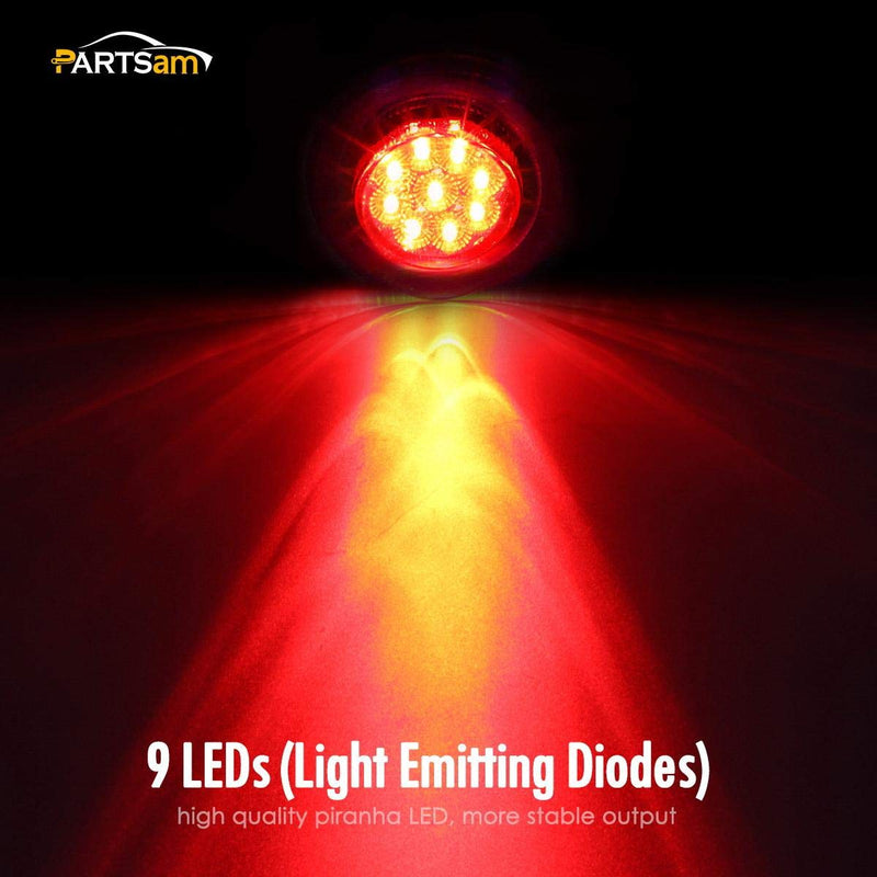 Partsam 5Pcs 2 Inch Round Led Marker Lights 9 Red Diodes Smoked w Reflectors Truck Trailer Rv Flush Mount Waterproof 12V 2 Round Red Led Marker Lights Kits with Grommets and Pigtails