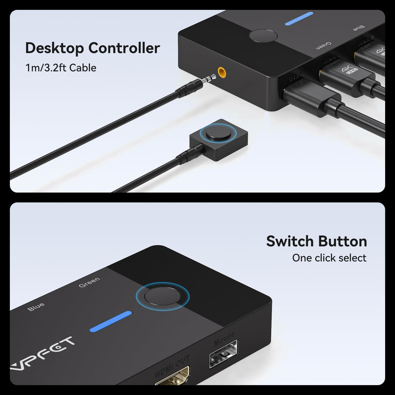 HDMI KVM Switch 1 Monitors 2 Computers 4K@60Hz USB KVM Switches 2 Ports for 2 PC Sharing Single Monitor and Keyboard Mouse with Wired Extend Controller Plug and Play Black