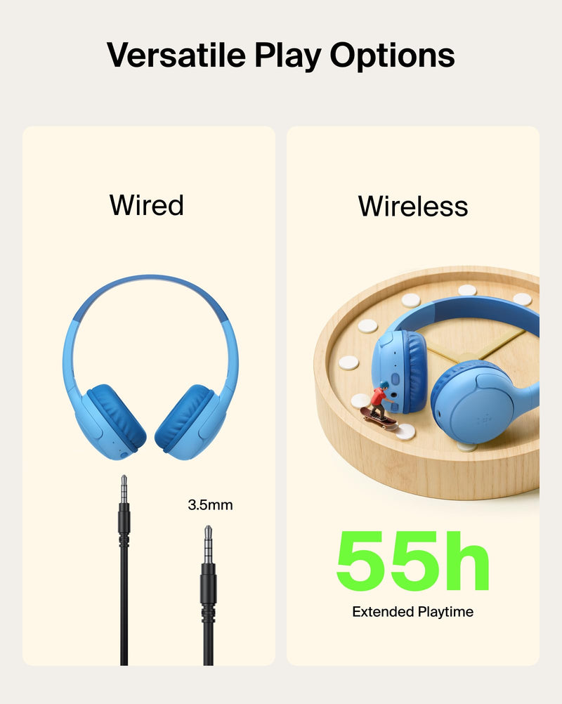 Belkin SoundForm Mini 2 Bluetooth Kids Headphones, On Ear, 55H Battery Life | Toddler headphones with Case, 85dB Volume Limit, Built-in Mic, Wired Connection Option, iPad, Android Tablet, School, Travel Blue