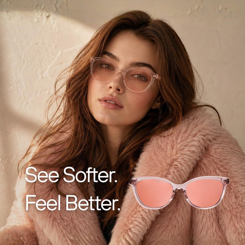 BRADDELL Women's FL-41 Indoor Rose & FL-60 Outdoor Brown Tinted Migraine Light Sensitivity Glasses for Fluorescent LED Glare, Photophobia and Concussion (Pink Cat Eye)