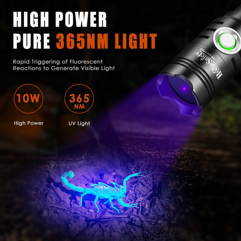 Home Safety 1702 365nm UV Flashlight Blacklight, High Power LED USB -C Rechargeable, Mini Portable Black Light for for Pet Urine Finding & Mineral, Antique Detection, Scorpion Search, etc 1702_UV 365nm