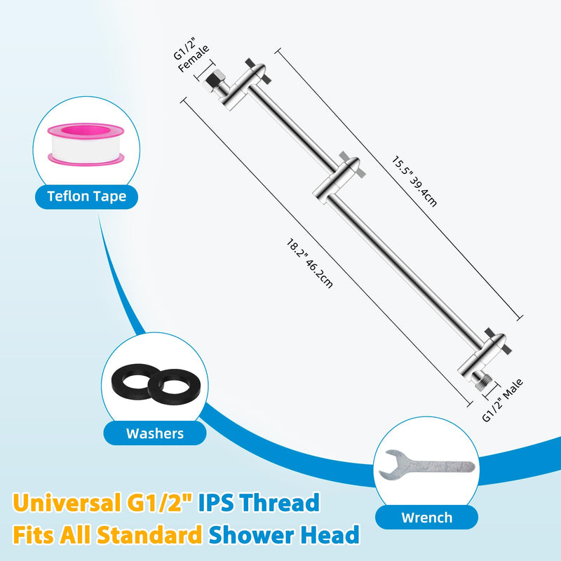iFealClear All Metal 16" Shower Head Extension Arm, Solid Brass Shower Head Extender Adjustable Height Angle, G1/2 Universal Connection Stainless Steel Pipe with Lock Joint for Rain Showerhead, Chrome 16 Inch