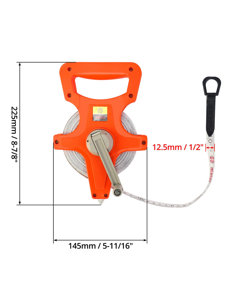 QWORK 1/2" x 100' Fiberglass Tape Measure, 2 Pack Engineer's Open Reel Dual Sided Measure, Orange Orange - 2 pack 100 ft