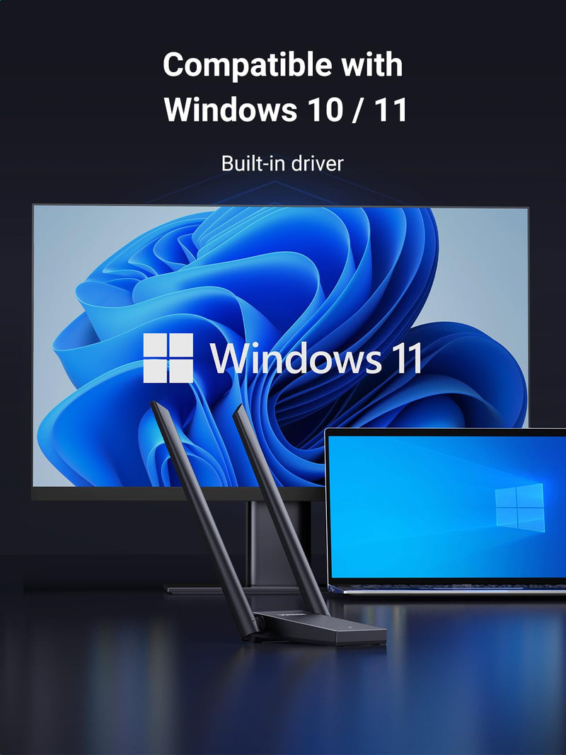 UGREEN WiFi Adapter for Desktop PC, AX1800 USB WiFi 6 Adapter with Dual 5dBi High Gain Antennas, 5G/2.4G Dual Band, WAP3-SAE, 3FT USB 3.0 to Micro USB 3.0 Cable, WiFi Dongle Supports Windows 10/11