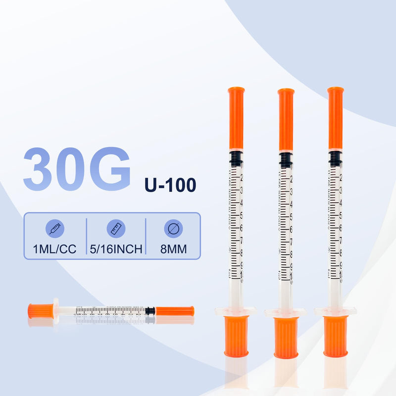100 Pack U-100 1ml/cc 30G 5/16 Inch (8mm) Jeringa, Individually Wrapped for Lab Use 100
