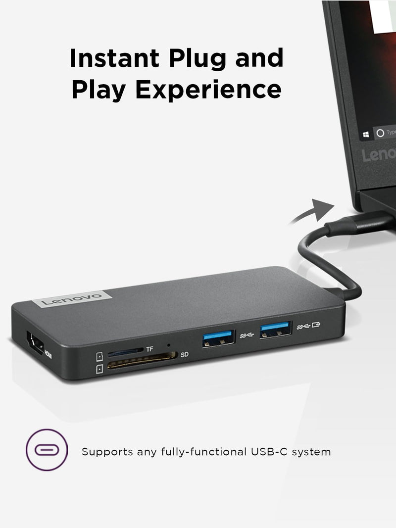 Lenovo – USB-C 7-in-1 Hub – Computer Networking Laptop Accessory – Laptop Docking Station - 4K via HDMI, 3 USB-A devices, 2 SD/TF Card Readers USB-C Power Pass Through