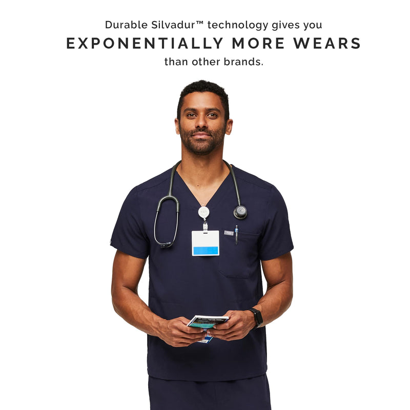 FIGS Chisec Scrub Top for Men – 3 Pockets, Tailored Fit, Squared V-Neck, 4-Way Stretch, Moisture-Wicking Large Navy Blue