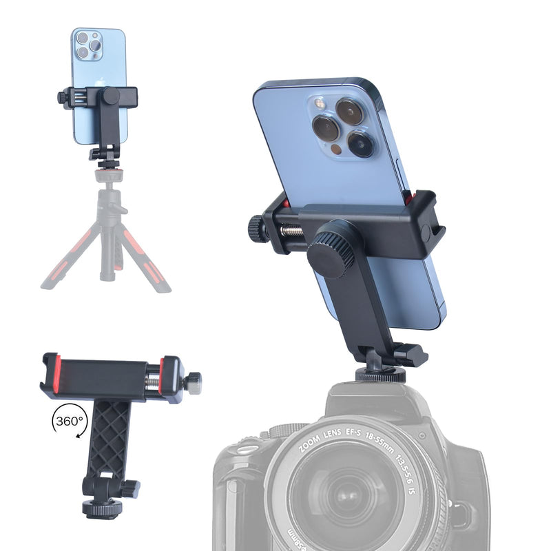 Phone Tripod Mount with Remote Controller, New Universal Smartphone Mount Adapter with Cold Shoe, 360° Rotates Cell Phone Clip Clamp Holder, Compatible with iPhone, Samsung and All Phones