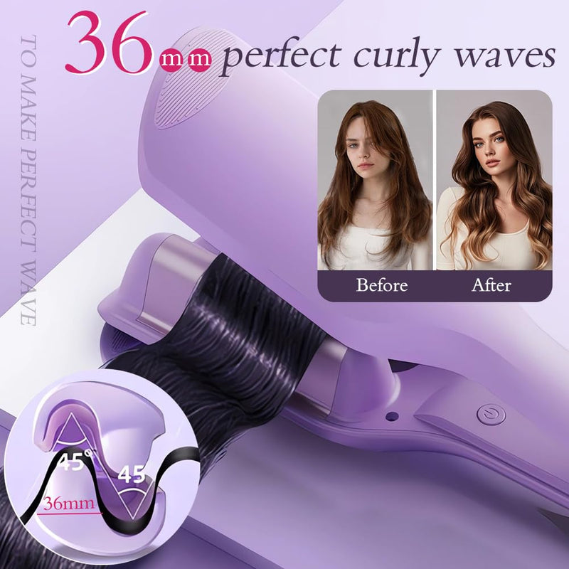 Hair Waver Crimper, 32mm Mermaid Hair Waver for Women, French Wave Curling Iron with 11 Temperatures, Anti-Scald Iron Wand Hair Curler for Short, Medium, Long Hair(Purple) Purple