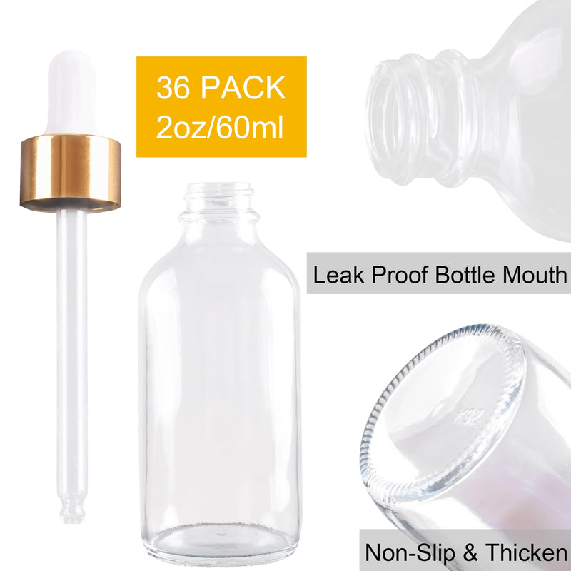 36 Pack 2oz Clear Glass Dropper Bottles, 60ml Glass Eye Dropper Bottles for Essential Oils, Perfumes, Laboratory Use (Gold & dropper, 2oz-36Pack) Gold & Dropper