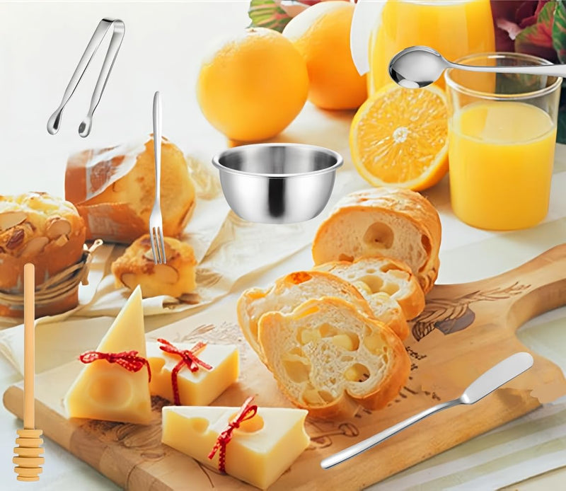 44 Pcs Charcuterie Boards Accessories,Cheese Butter Spreader Knives Set Stainless Steel Spreader Knives Forks Spoons Mini Serving Tongs Small Dipping Bowls Toothpick Flags Utensils for Party (Silver) Silver