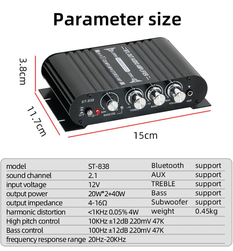 Stereo Audio Amplifier, Mini HiFi 2.1 Bluetooth Stereo Bass Car Home Audio Power Amplifier, Professional Digital Amp for Use on Your Carrier or at Home (Black) (Black) Black