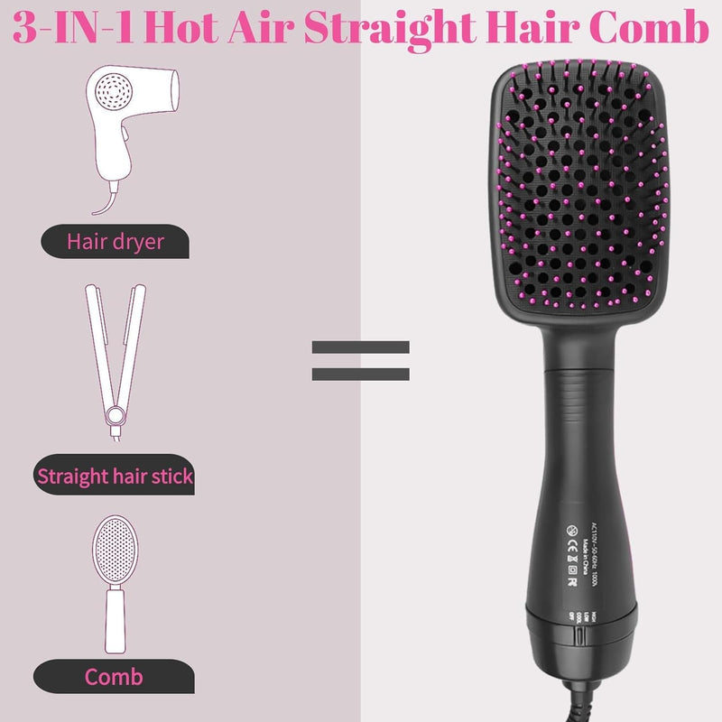 Hair Dryer Brush, 3 in 1 Negative Ion Hair Dryer Hot Air Brush Hair Styling Tool，Straightener Styler Comb Styling Hair for All Hair Types, Can Straighten Blow Dry Smooth Hair (Pink) # Pink