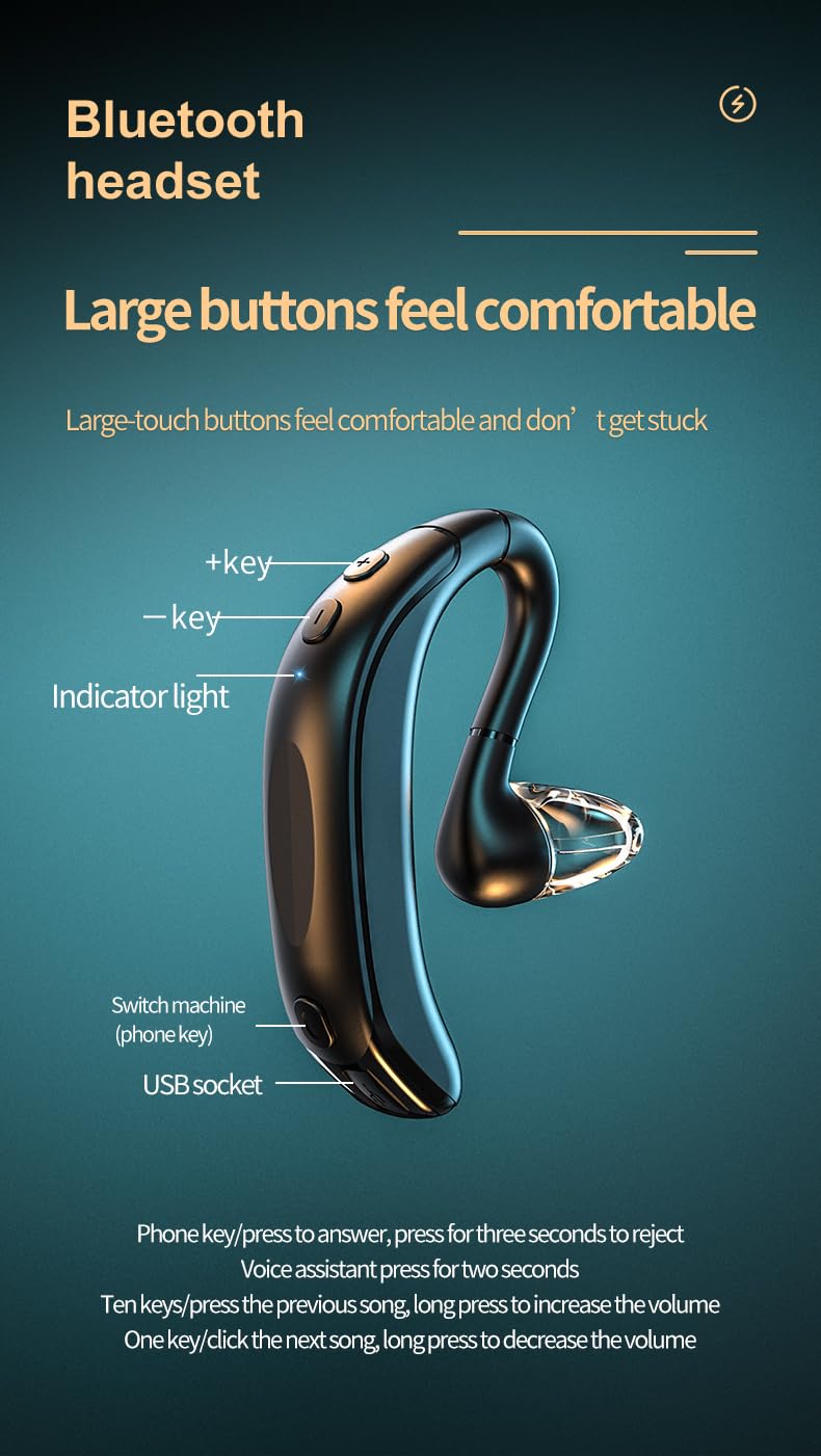 Bluetooth Headset-V5.1 Wireless Earpiece Built-in Mic Noise Cancelling, 360° Left and Right Ears in Ear Single Earhook Earbuds,20Hrs HD Talktime One Ear Piece Headset for Phone Android Samsung Laptop