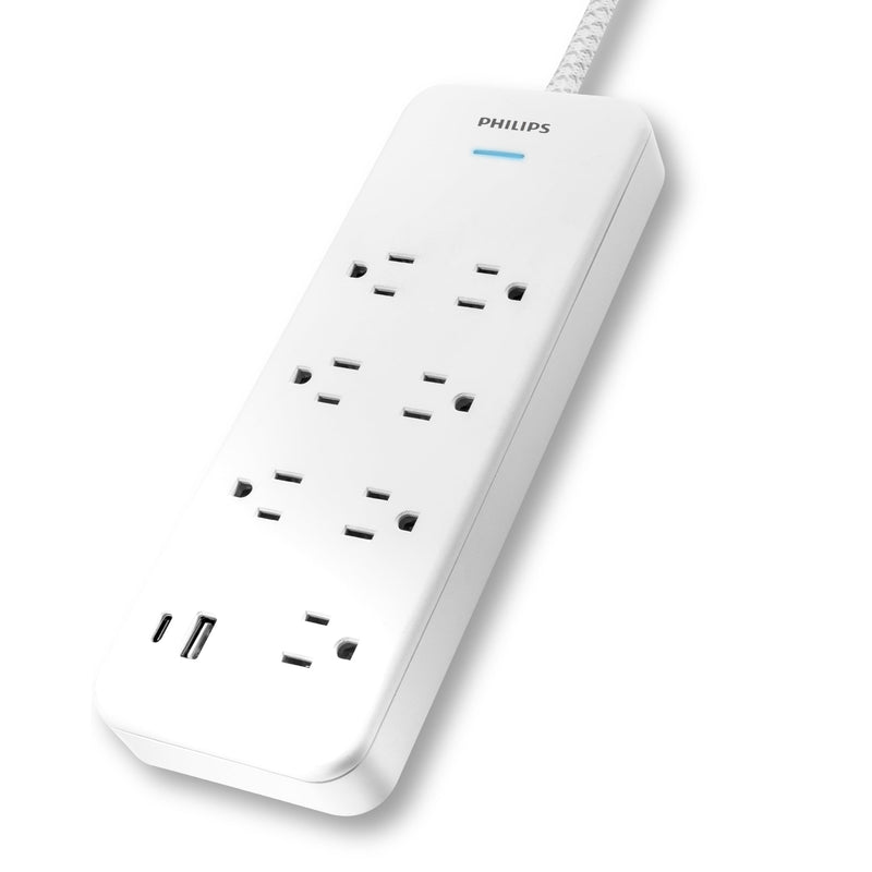 Philips 7-Outlet Surge Protector with USB Charging, 6ft Braided Extension Cord, 1USB-A, 1USB-C, 1500J, Adapter Spaced, Outlet Extender Power Strip, White - SPP3983W/37 7 Outlet | USB | 6 Ft | White