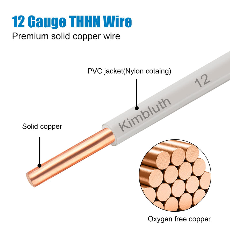 THHN Wire 12 Gauge 50 FT OFC Electrical Wire, 12 AWG Solid Copper Wire Rated up to 600V Building Wire Nylon Jacket for Residential, CNC, Ground, Industrial (12 Gauge, White) 12 Gauge 50FT