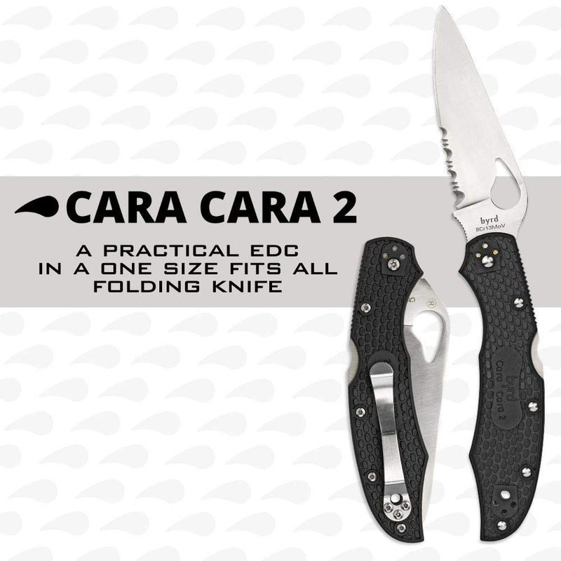 Spyderco Byrd Cara Cara 2 Lightweight Folding Knife, CombinationEdge | Black, 8.5" Overall Length, 3.77" 8Cr13MoV Steel Blade, FRN Handle, Back Lock, Full-Flat Grind