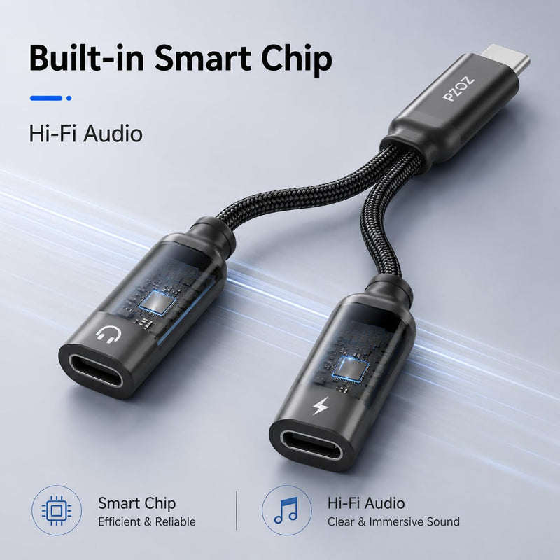 pzoz USB C Headphone Adapter, 100W Audio Charging Splitter for iPhone | 2-in-1 USB-C adapter lets you charge and use wired headphones at the same time, perfect for music, gaming and calls.