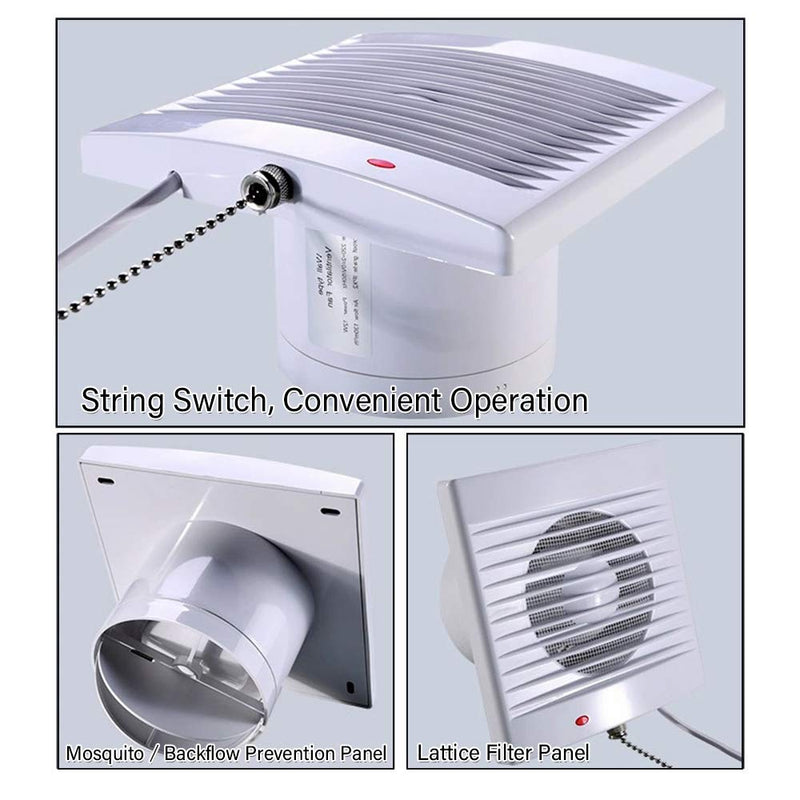 4 Inch Wall-Mounted Exhaust Fan, 12W Ventilation Extractor with Anti-backflow Check Valve Chain Switch for Window Duct Glass Grow Tent Bathroom Vents - 6"×6" Grid Panel - Small Size Φ4 Inch with Rope Switch