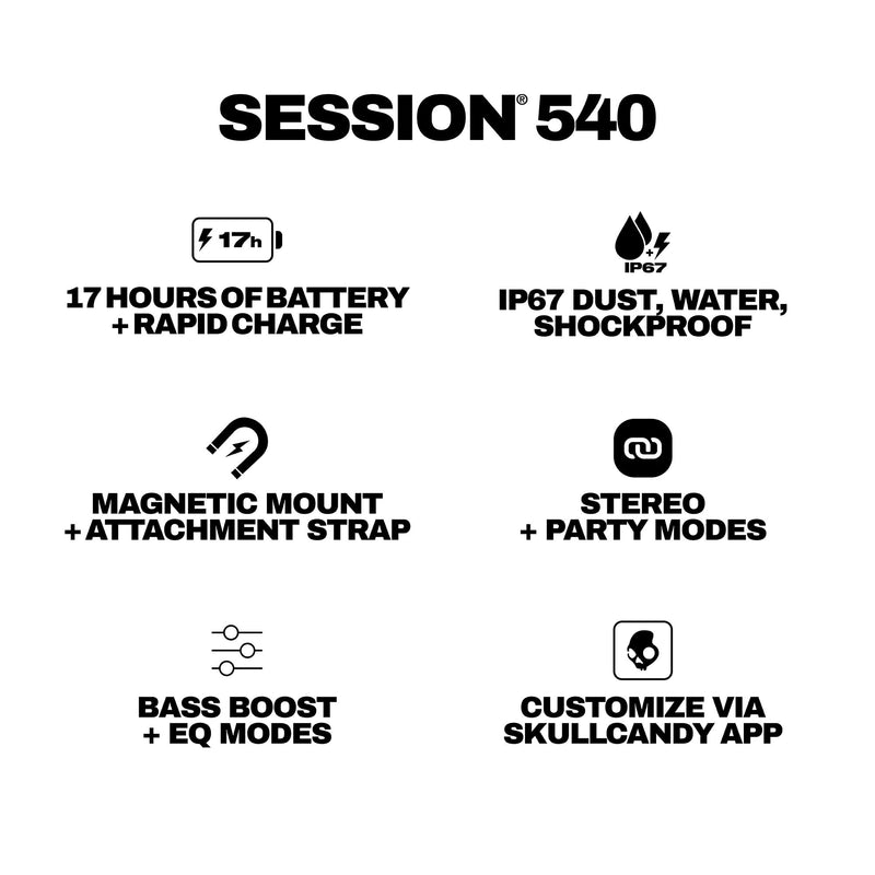 Skullcandy Session 540 Portable Lightweight Bluetooth Speaker - True Black | Waterproof, Dustproof, 17 Hours of Playtime, Built for Home, Outdoors, Party, Travel, Big Sound, iPhone Android Compatible
