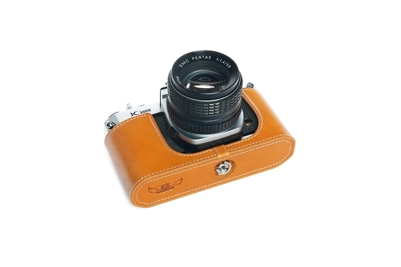 K1000 Case, BolinUS Handmade Genuine Real Leather Half Camera Case Bag Cover for Pentax Asahi K1000 Camera with Hand Strap (Yellow) Yellow