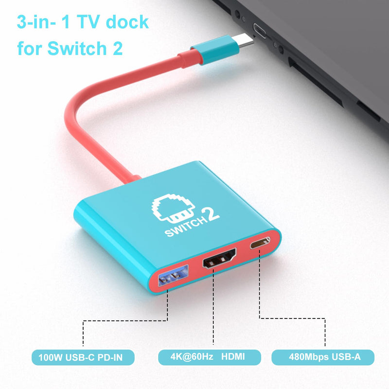 Switch 2 Dock, Portable TV Dock Station for Switch/Switch 2/Steam Deck/ROG Ally/Legion GO, 3-in-1 Switch 2 Travel Dock with HDMI 8K@60Hz or 4K@60Hz, USB 3.0 and 100W Charge PD Port 8K Dock