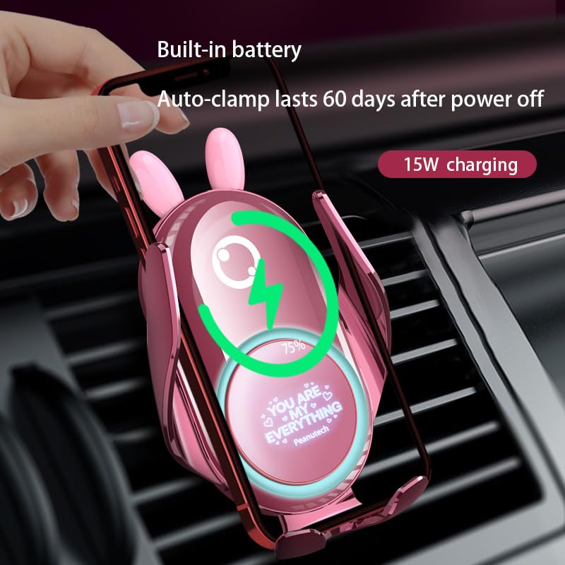 Auto Clamp Wireless Charging Car Mount, Pink Cute Rabbit Car Phone Holder | Automatic Clamp Cell Phone Mount, Hands-Free Fast Charger Cradle for Vehicle Pink Rabbit