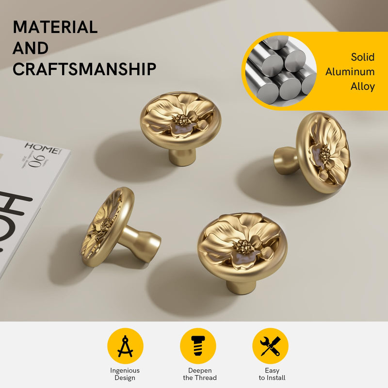 Rergy 4 Pack Cabinet Knobs for Drawer Dresser Closet, Flower Shape Lemen Gold Drawer Knobs, Brushed Brass Cabinet Hardware, Pulls Handles Single Hole Lemon Gold