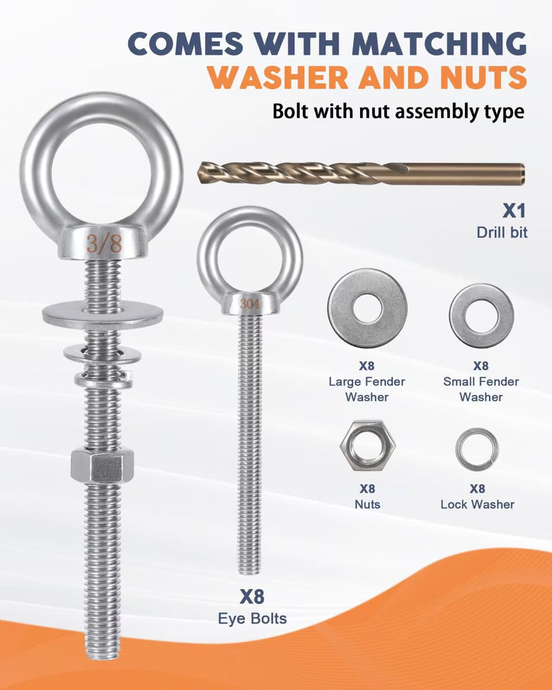 Eye Bolt with Nuts 3/8'' x 4'' (8 Pack), Imperial, Heavy Duty Stainless Steel 3/8-16 Long Eye Bolts, Bonus Drill Bit Included 8