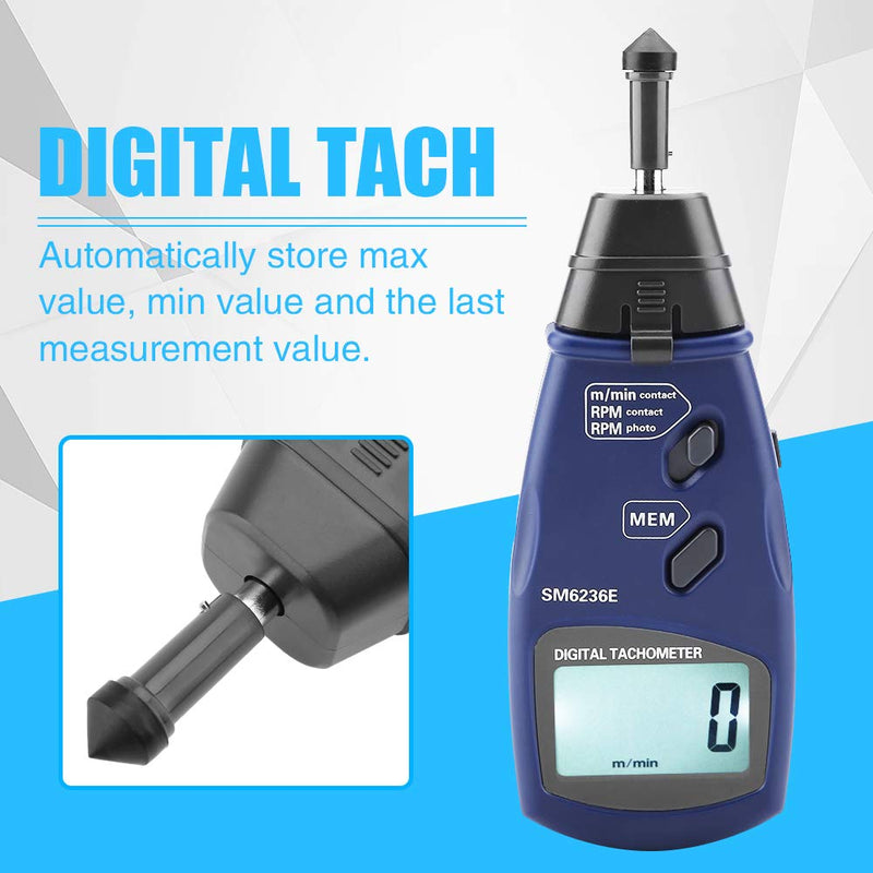 Digital Tachometer, SM6236E Handheld Laser/Contact Tachometer 5 Digits 18 mm Digital LCD Tach Rotation Meter Tester Tachometer Kit