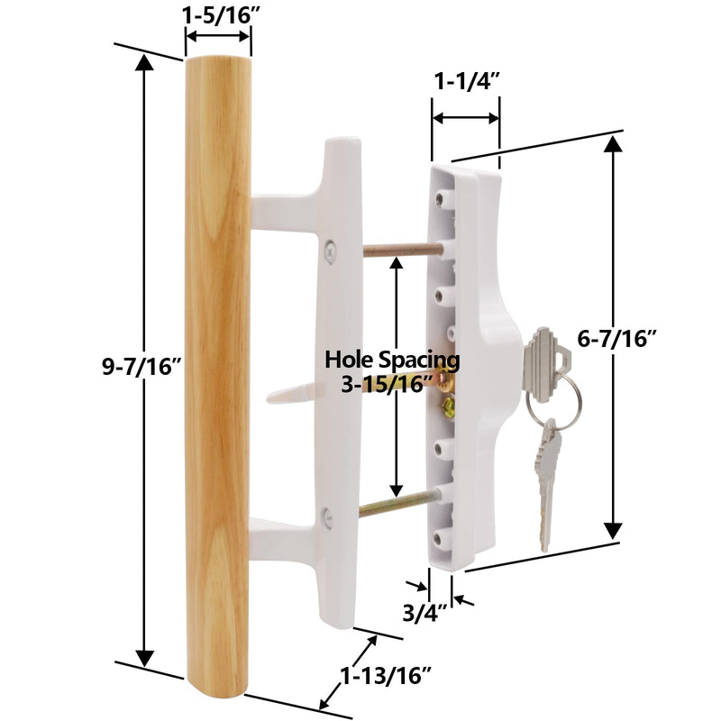Sliding Glass Patio Door Handle Set with Key Cylinder and Mortise Lock 45° Keyway, Oak Wood Inside Handles and Zinc Diecast Outside Pull, 3-15/16" Hole Spacing, Non-Handed, White White Keyed Handles + Mortise Lock