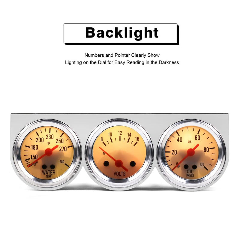 Dyno Racing 2inch 52MM Triple Gauge kit Volt Meter Water Temp Temperature Gauge Oil Press Pressure Gauge Car Meter Triple Gauge Set