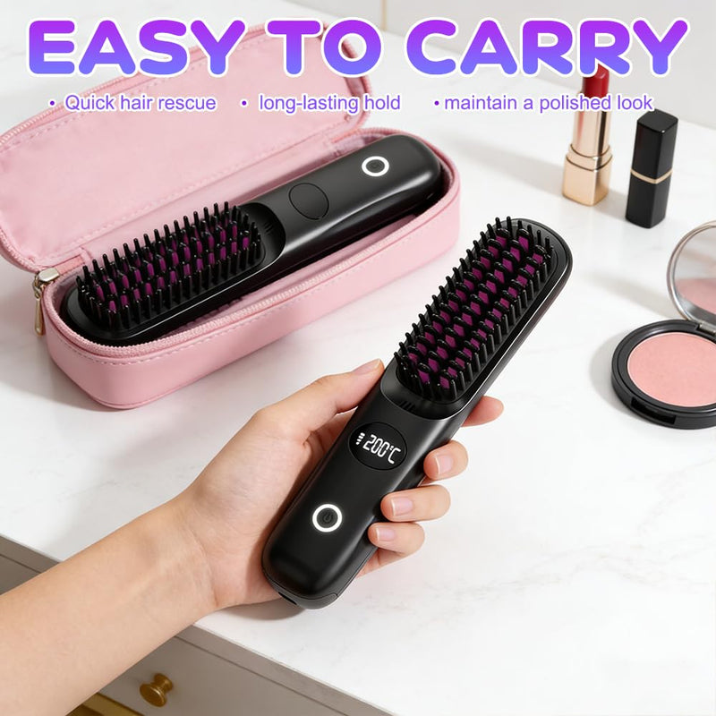 Hair Straightener Brush UK,Go Brush Pro UK, Cordless Hair Straightener Brush, Portable Straightener Brush with 4 Heat Settings, LED Display, Glow Wave Heated Brush for Short Hair Travel Home