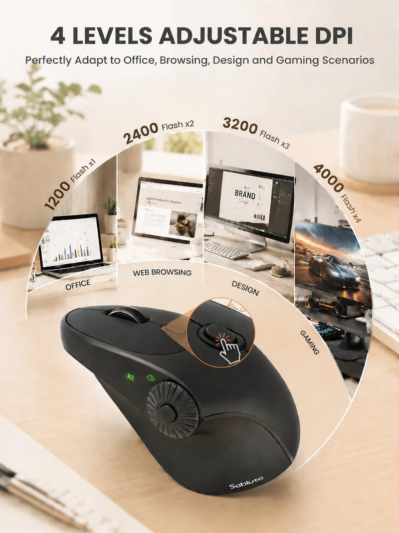 SABLUTE MAM51 Ergonomic Mouse, Bluetooth Mouse with Side Scroll Wheel | Wireless Mouse for Small to Medium Hands, High 4000 DPI, 8 Buttons, Bluetooth/2.4GHz Vertical Mouse for Windows, Mac Black