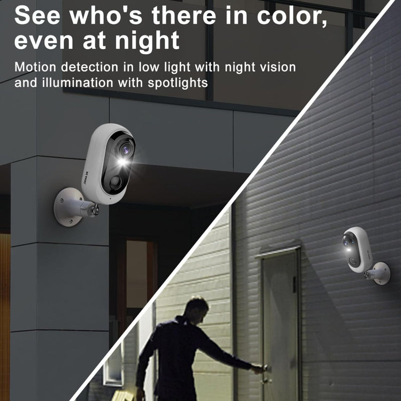 Cameras for Home Security: Battery Powered Outdoor Camera Wireless WiFi Home Surveillance with Spotlight & Siren Alarm 1080P Color Night Vision AI Motion Detection Sensor 2-Way Talk Cloud/SD White