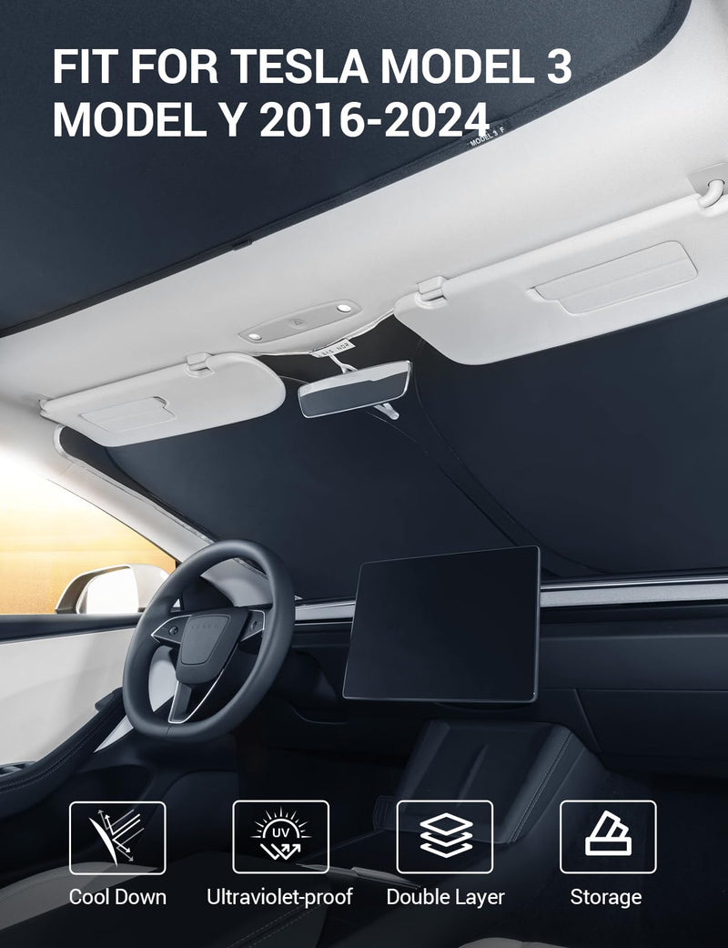 BASENOR 2017-2025 Tesla Model 3 Model Y Windshield Sunshade Folding Front Window Sun Shade Full Cover, Heat UV Protection Visor Accessories (Fit 2024 2025 Model 3 Highland) Model 3/Y