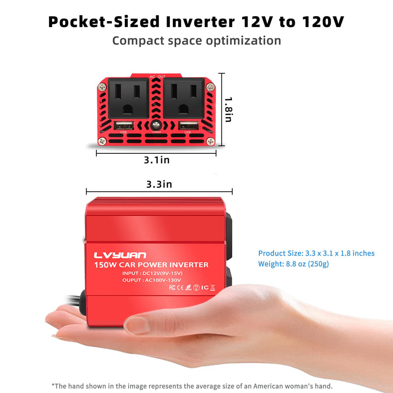 150W Power Inverter, LVYUAN Inverter 12V DC to 110V AC Car Plug in Adapter Outlet Dual 6.2A Charging USB Vehicle Converter for Phone, Laptops, Road Trip Charger 150W