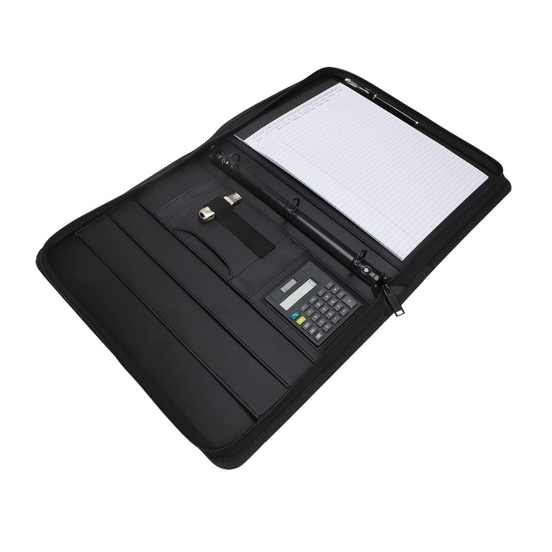 Business Portfolio with Zipper 3 Ring Binder Organizer - PU Leather Folder Padfolio Document Organizer with Solar Calculator,Writing Pad Zippered Portfolio With 3 Ring Binder+calculator