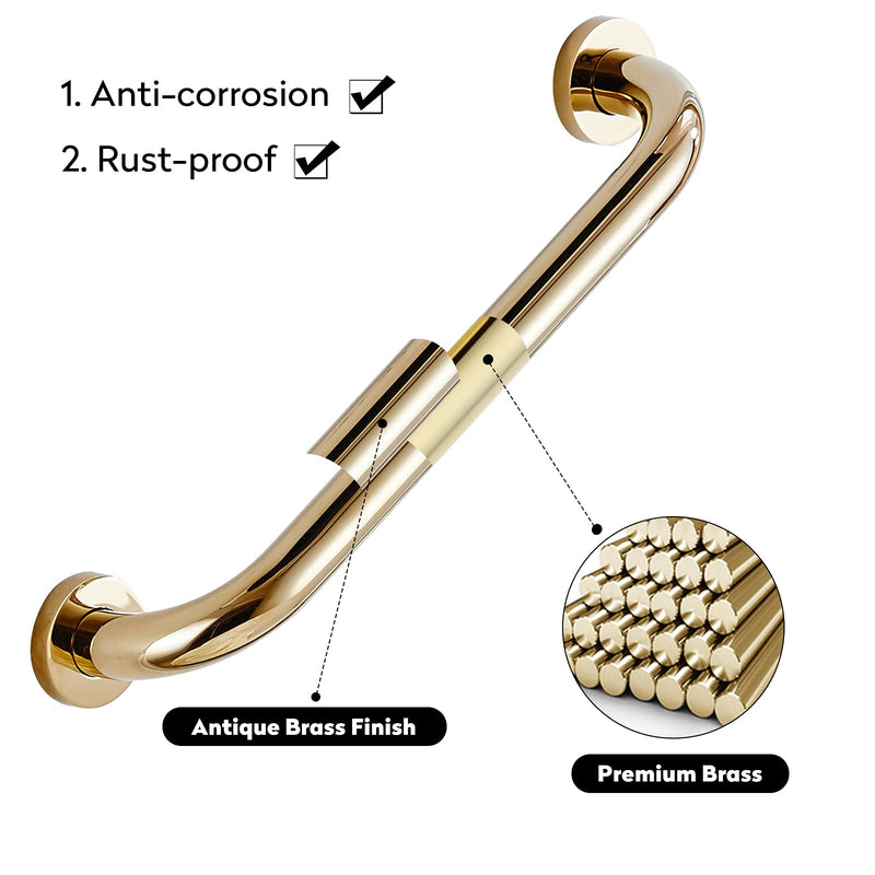 Leyden Brass Shower Grab Bar，Gold Support Bar Bathroom Hand Safety Handrail for Elderly Wall Senior Rail Handle for Tub, Toilet 12 Inch