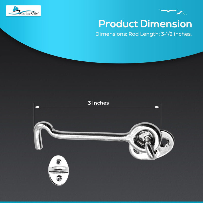 MARINE CITY Buckle Cabin Hook and Eye Latch, 316 Grade Stainless Steel, Wind Proof Shed Safety Stopper, Silent Holders Catch Lock, 3 Inches, Ideal for Marines, Boats, Ships, Yachts (Pack of 1) 3”