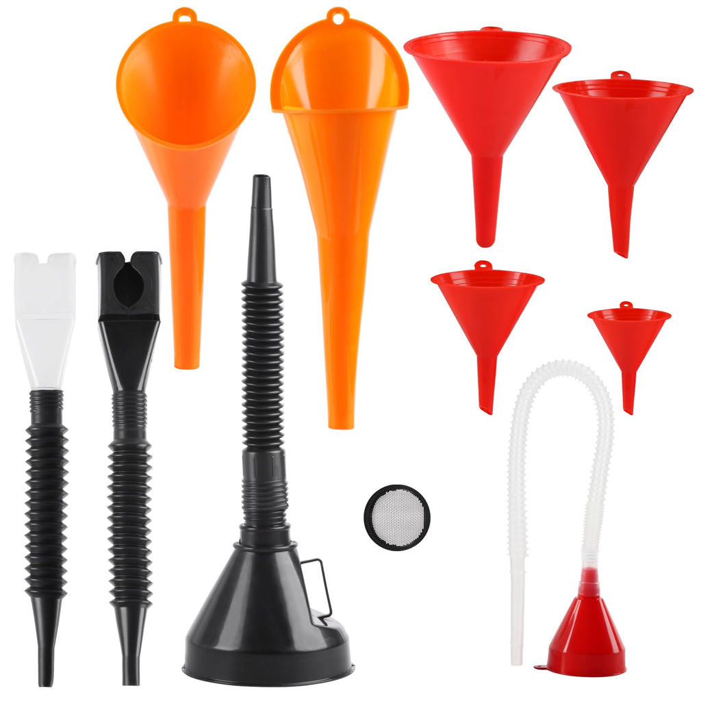 10 Pcs Automotive Funnels Set, Plastic Long Neck Oil Funnels, Snap Funnel,Flexible Right Angle Funnels，Wide Mouth Fuel Funnels,Plastic Funnel for Filling coolant/Gasoline/Water/Engine Oil