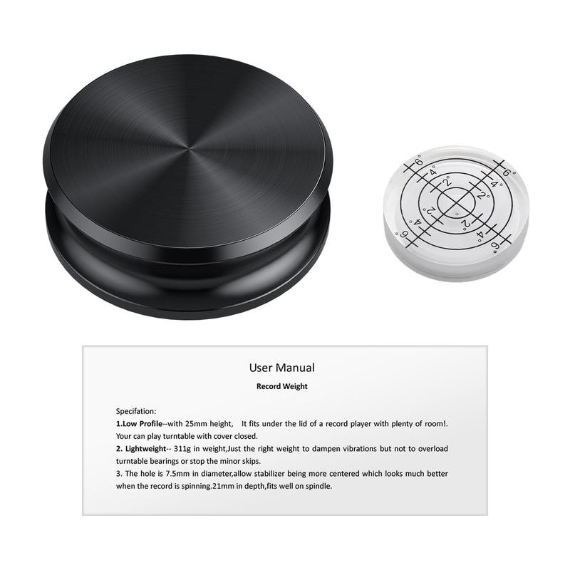 Vinyl Record Weight Turntable Stabilizer 311g | Aluminum Clamp,25mm low profile,7.5mm spindle hole,felt pad,mini bubble level,fits most turntables
