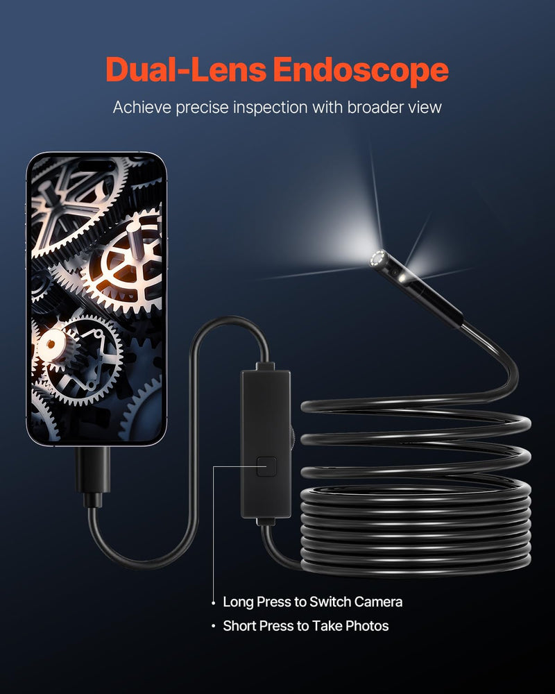 VEVOR Endoscope Camera with Light, Dual Lens Borescope for Android & iOS, 1920P HD Inspection Camera with 8 + 1 LED Light, 2X Zoom, 16.4FT Snake Cable, IP67 Waterproof Snake Camera for Auto, Plumbing