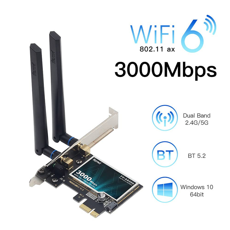 WiFi 6 AX200 AX200NGW Desktop PCI-E Wireless Adapter Dual Band BT5.2 3000Mbps WiFi 802.11ax PCIe Network Card for AX ax11000 Router MU-MIMO Gigabit Speed 4k 8k Video Gaming for PC Windows 10,11 64 bit