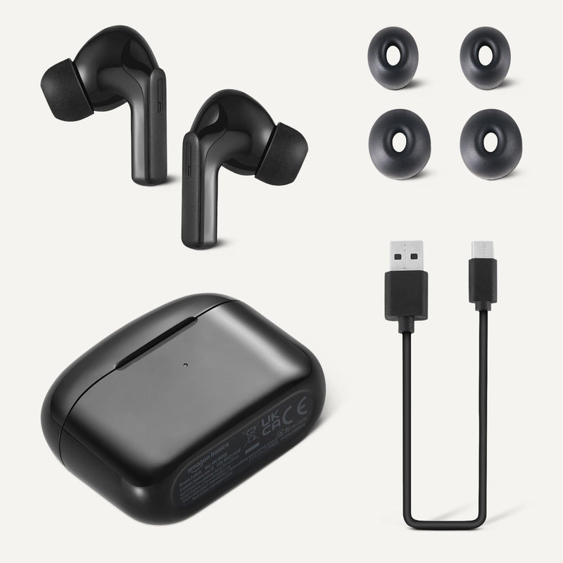 Amazon Basics Bluetooth 5.4 True Wireless Earbuds, IPX4 Waterproof, in-Ear with Mic, 28 Hours Battery Life, Charging Case, Black Small