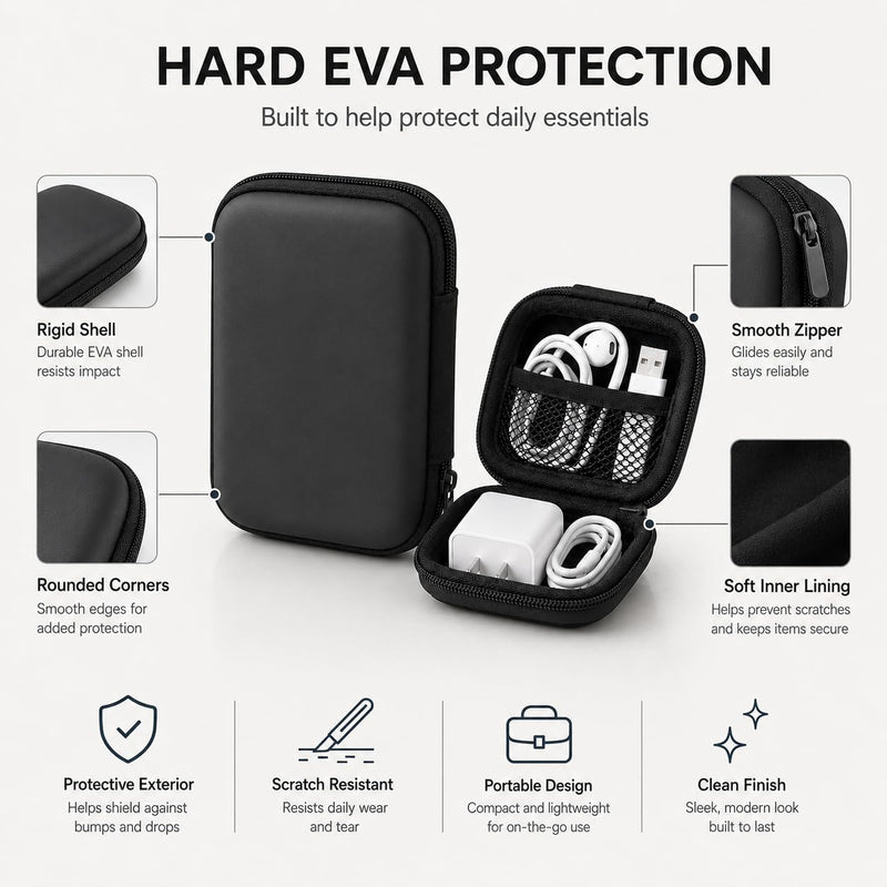 2Pcs EVA Zippered Organizer Pouches, Lightweight Hard Shell Cable Storage Case with Mesh Pocket for Earphones, Chargers, Travel and Desk,Black Black