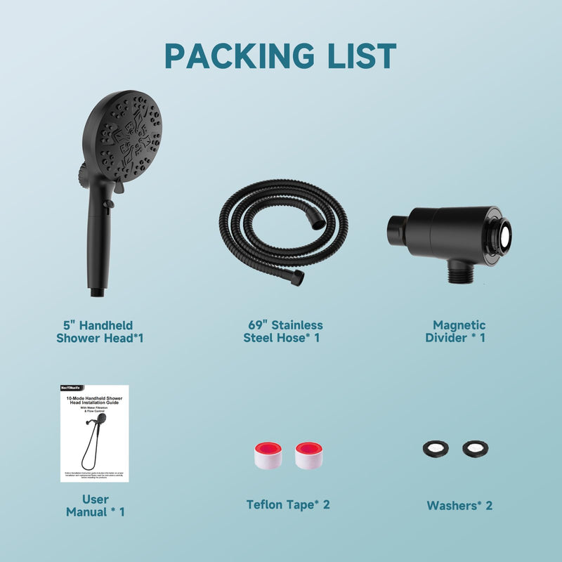 5" Filtered Handheld Shower Head with 10 Spray Modes,High Pressure Detachable Showerhead with Magnetic Docking, Water Flow Control & 69" Stainless Steel Shower Hose,Black Black