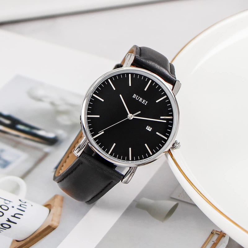BUREI Men Watches Brown Leather Fashion Minimalist Wrist Watch Simple Ultra Thin Waterproof Quartz Watches All Black Stainless Steel Mesh Band,Gift for Men Women